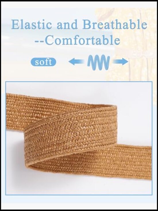 2 Pack Elastic Straw Belts with Metal Buckle Boho Braided for Dresses